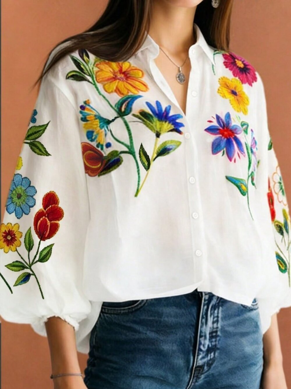 White Boho Women's Casual Multifunctional Minimalist Floral Digital Print Shirt - Picture 3 of 4